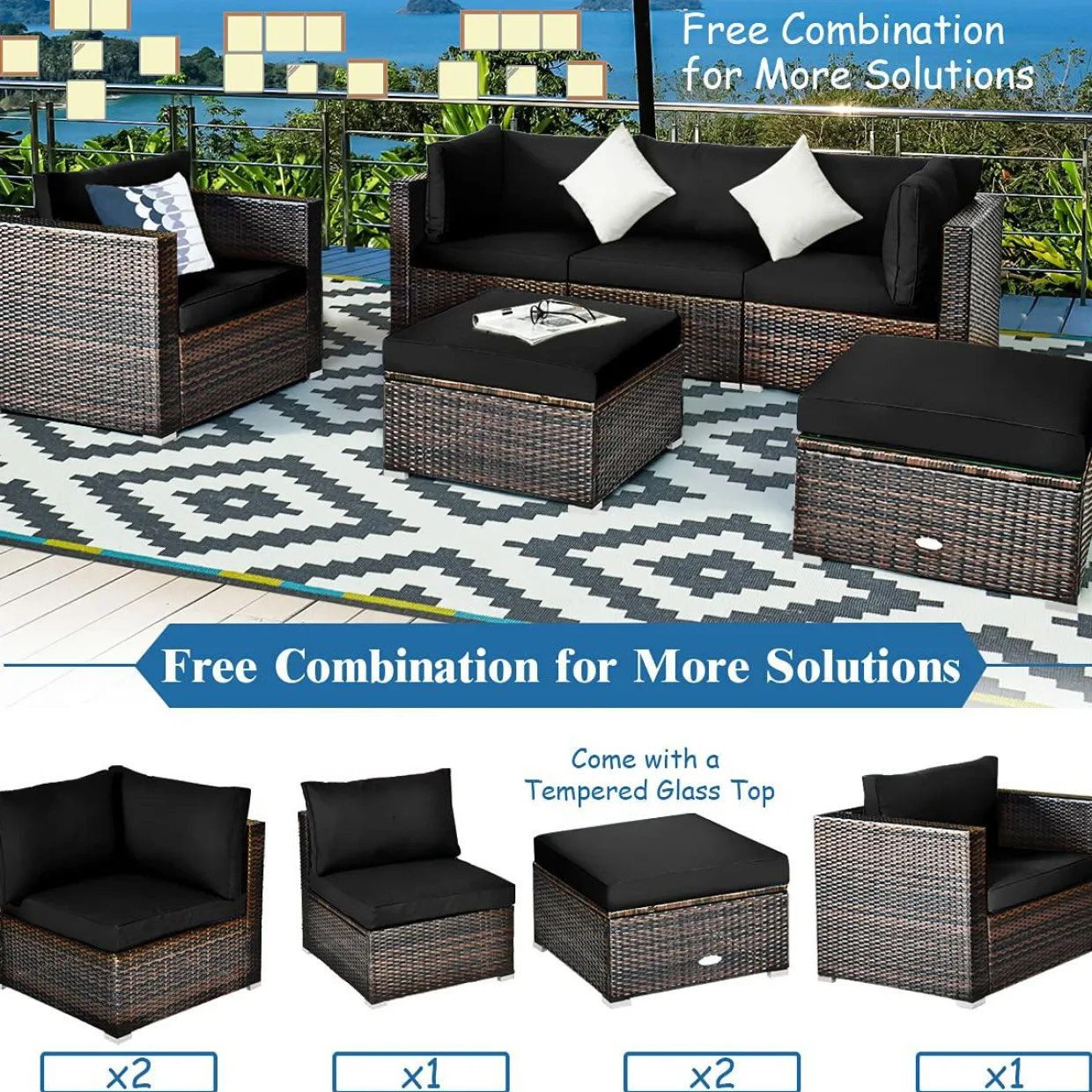 6 Pieces Patio Rattan Sectional Furniture Set, Outdoor Wicker Conversation Set with Glass Coffee Table Sofa Ottoman
