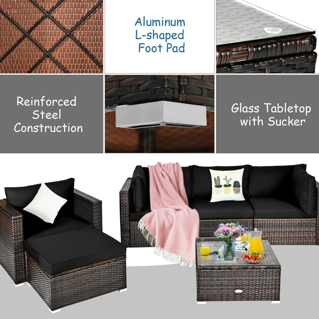6 Pieces Patio Rattan Sectional Furniture Set, Outdoor Wicker Conversation Set with Glass Coffee Table Sofa Ottoman