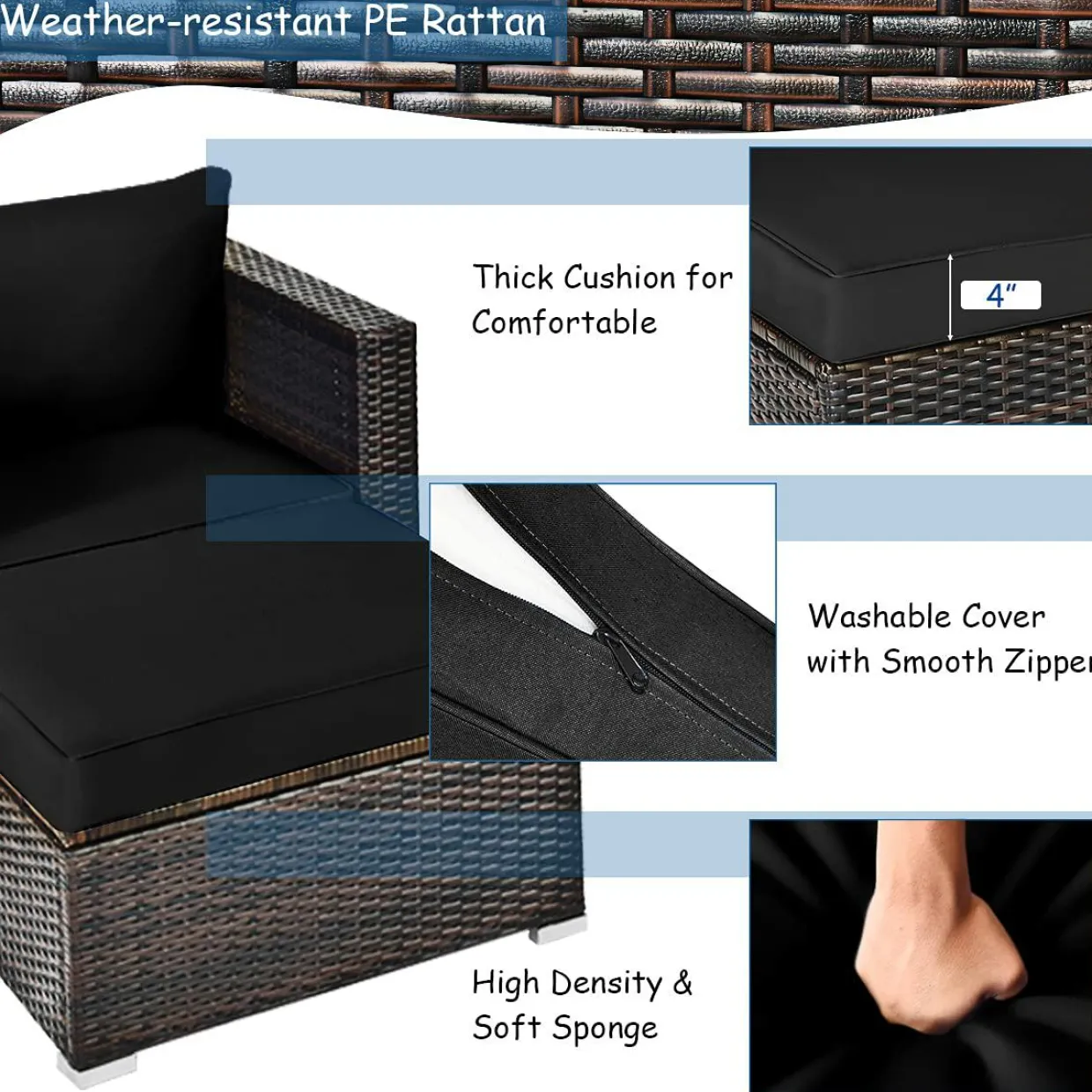 6 Pieces Patio Rattan Sectional Furniture Set, Outdoor Wicker Conversation Set with Glass Coffee Table Sofa Ottoman