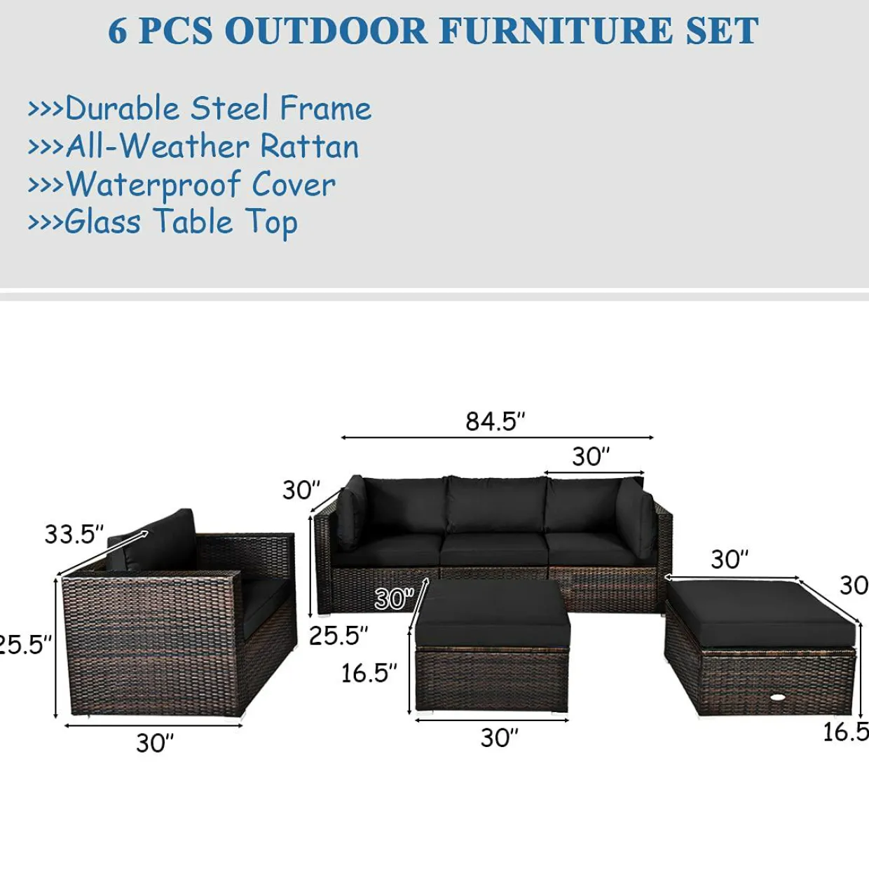 6 Pieces Patio Rattan Sectional Furniture Set, Outdoor Wicker Conversation Set with Glass Coffee Table Sofa Ottoman