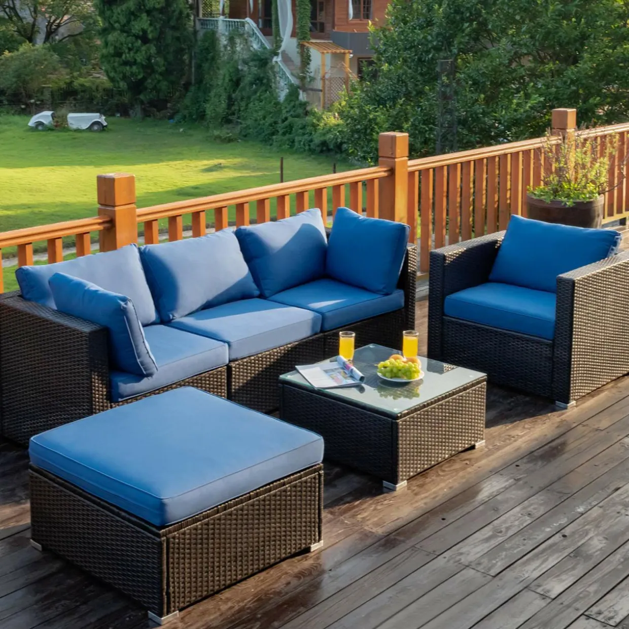 6 Pieces Patio Rattan Sectional Furniture Set, Outdoor Wicker Conversation Set with Glass Coffee Table Sofa Ottoman