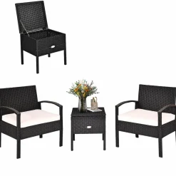 3 Pieces Patio Wicker Conversation Set, Outdoor Rattan Furniture with Washable Thick Cushion & Coffee Table
