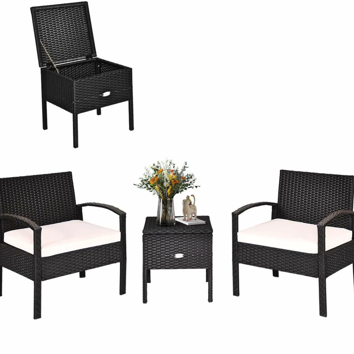 3 Pieces Patio Wicker Conversation Set, Outdoor Rattan Furniture with Washable Thick Cushion & Coffee Table