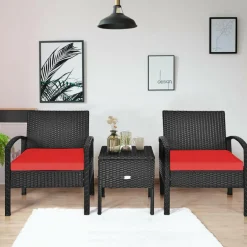 3 Pieces Patio Wicker Conversation Set, Outdoor Rattan Furniture with Washable Thick Cushion & Coffee Table