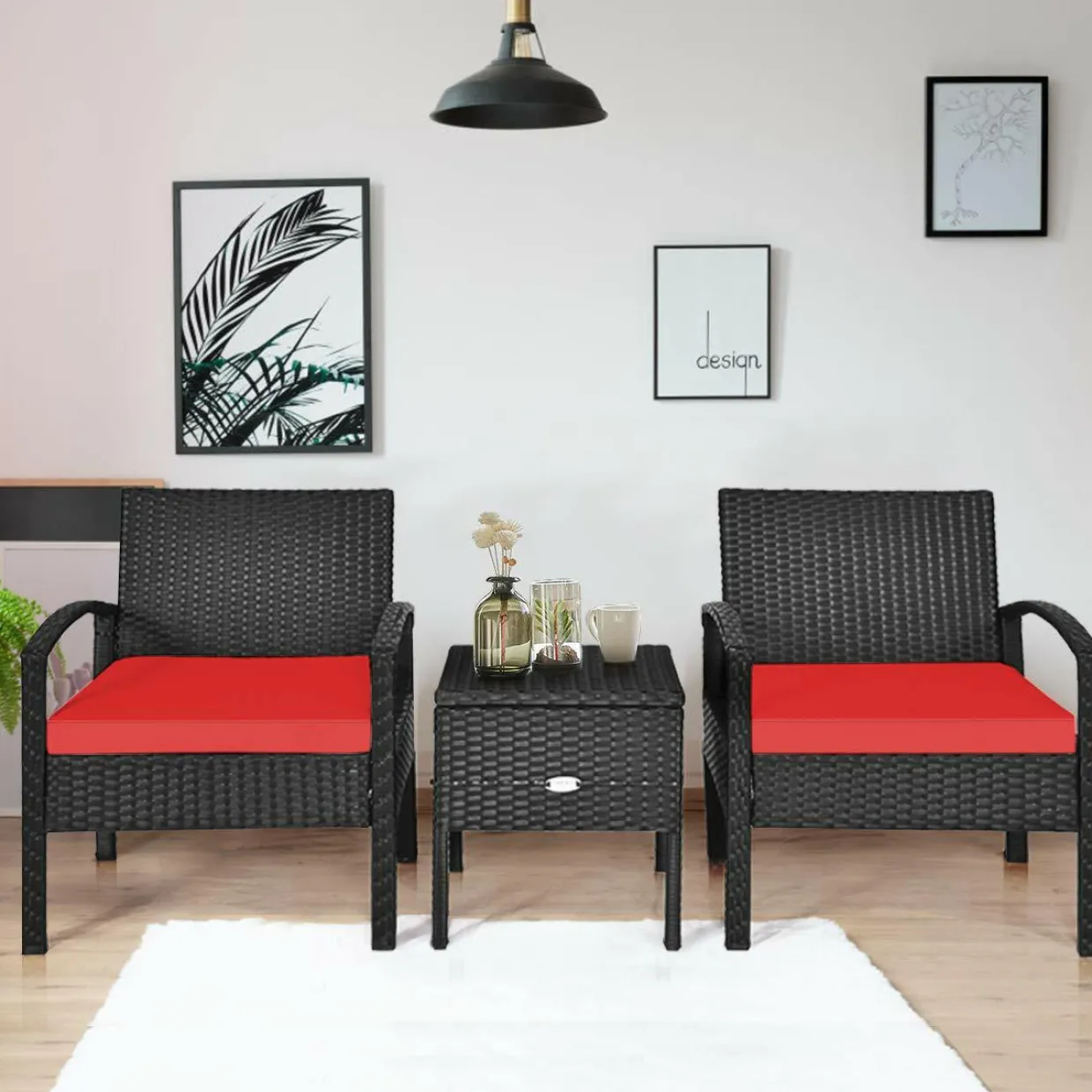3 Pieces Patio Wicker Conversation Set, Outdoor Rattan Furniture with Washable Thick Cushion & Coffee Table