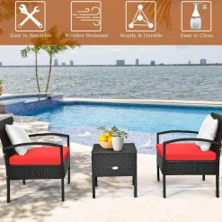 3 Pieces Patio Wicker Conversation Set, Outdoor Rattan Furniture with Washable Thick Cushion & Coffee Table