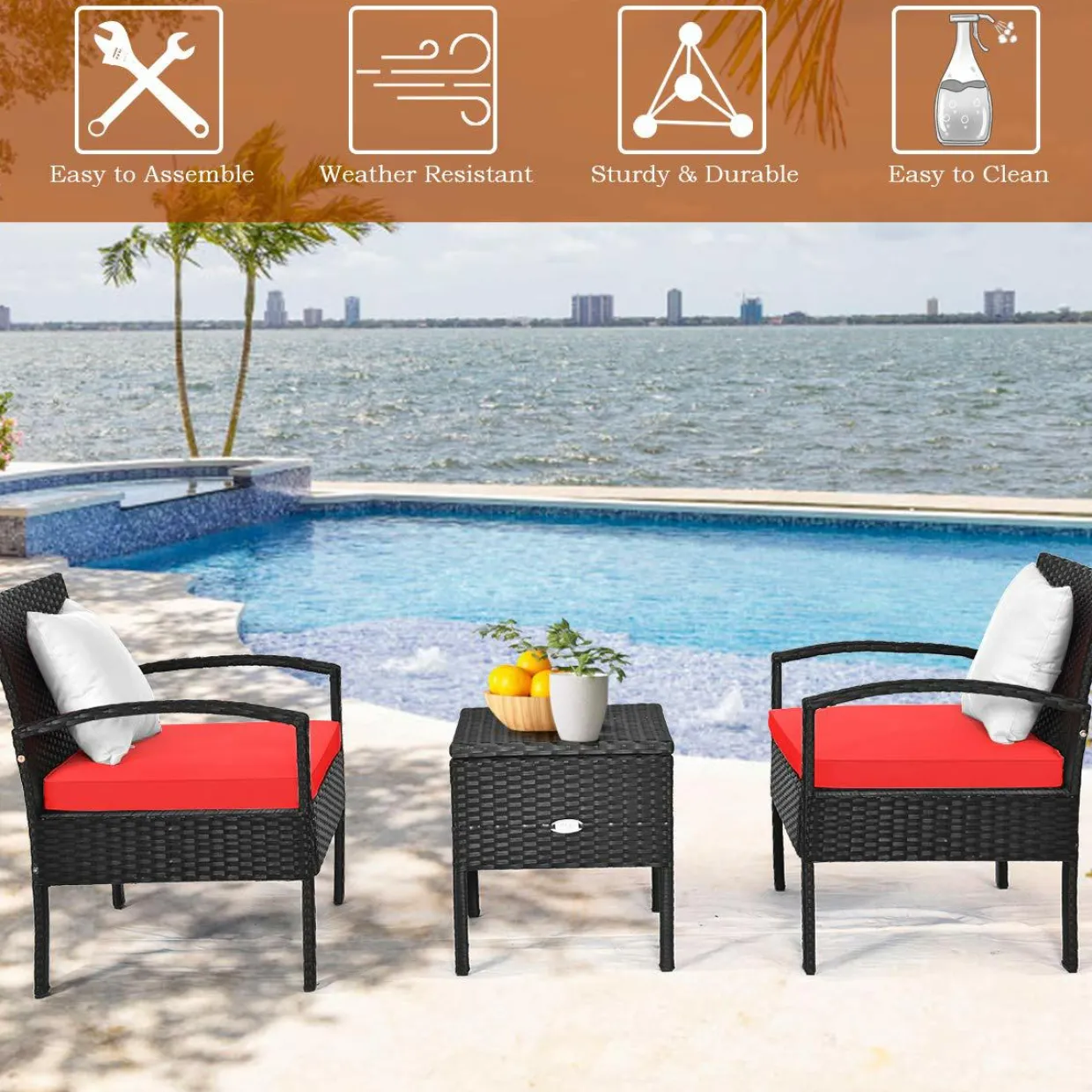 3 Pieces Patio Wicker Conversation Set, Outdoor Rattan Furniture with Washable Thick Cushion & Coffee Table