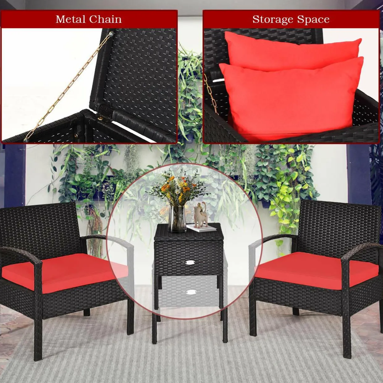 3 Pieces Patio Wicker Conversation Set, Outdoor Rattan Furniture with Washable Thick Cushion & Coffee Table