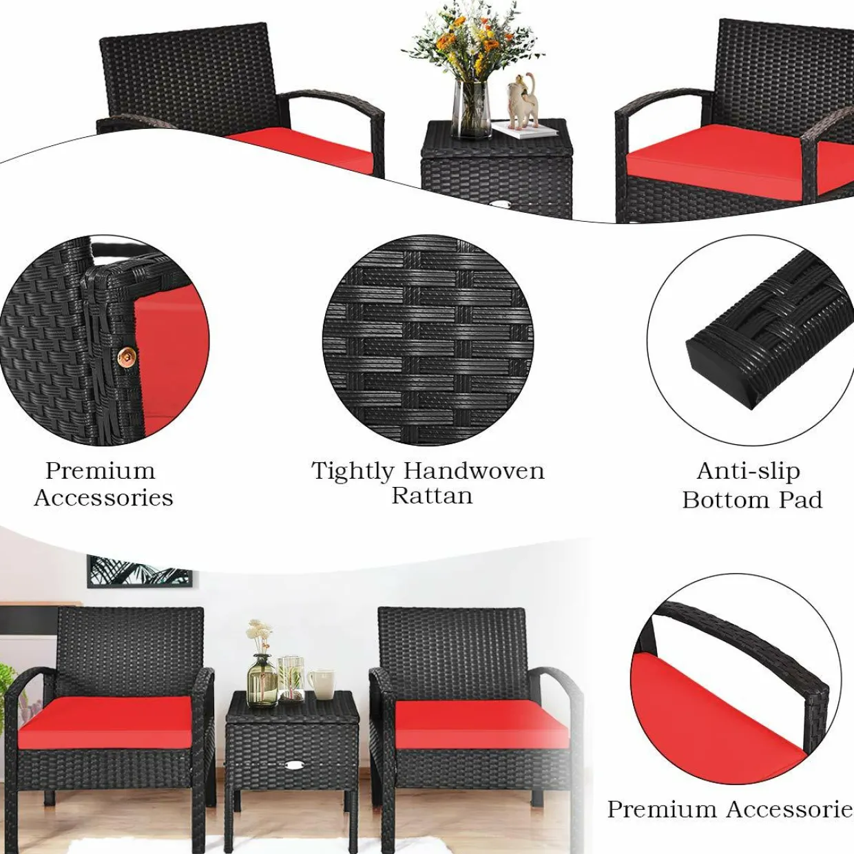 3 Pieces Patio Wicker Conversation Set, Outdoor Rattan Furniture with Washable Thick Cushion & Coffee Table