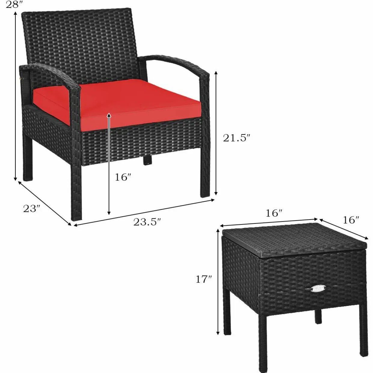 3 Pieces Patio Wicker Conversation Set, Outdoor Rattan Furniture with Washable Thick Cushion & Coffee Table