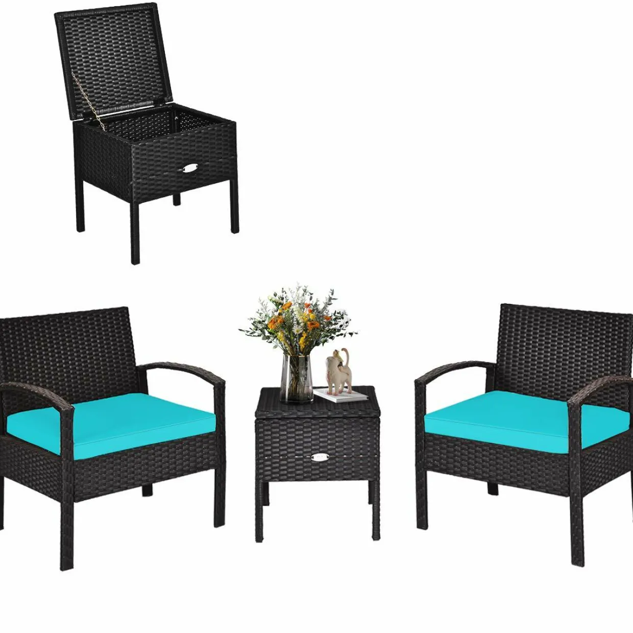 3 Pieces Patio Wicker Conversation Set, Outdoor Rattan Furniture with Washable Thick Cushion & Coffee Table