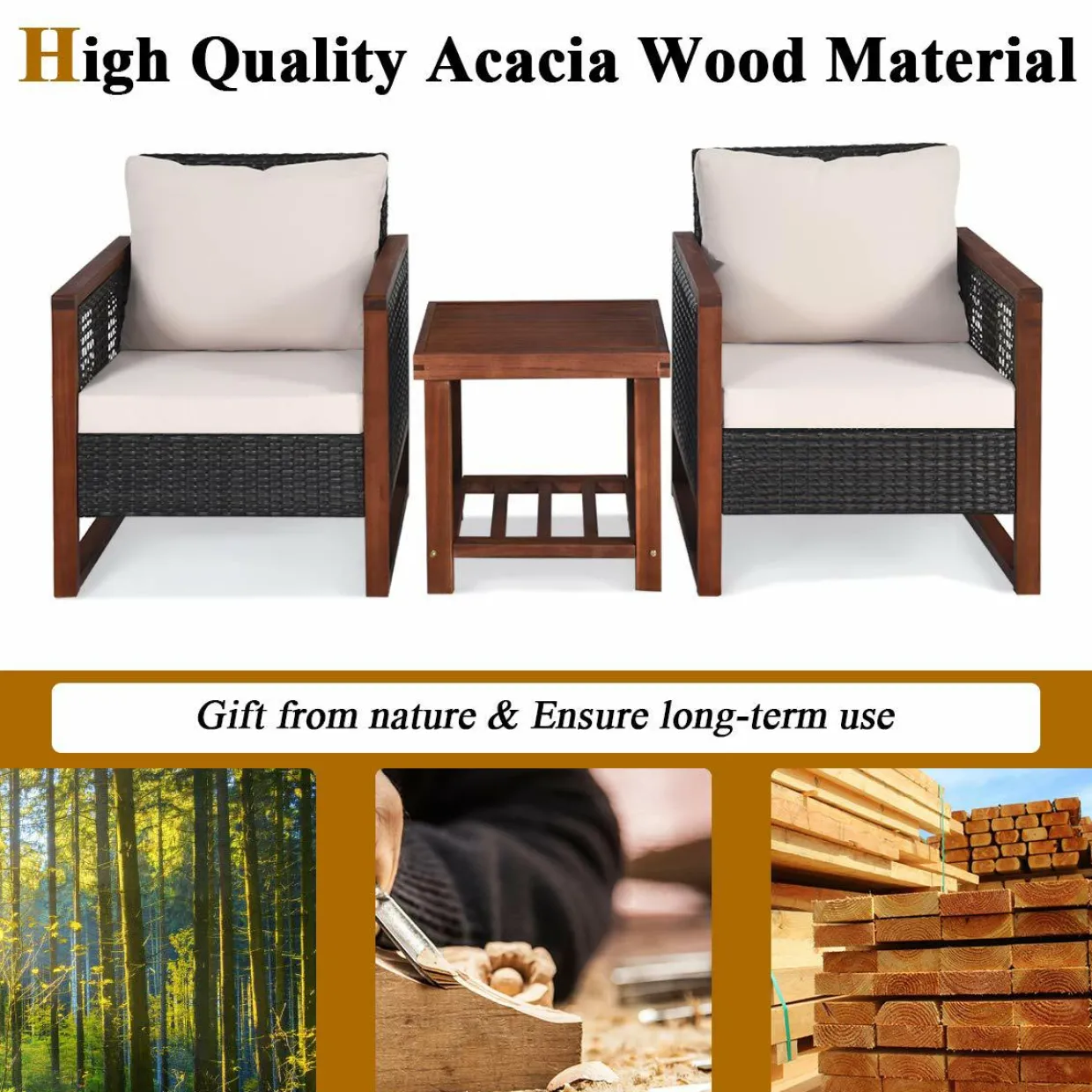 3 Pieces Patio Wicker Furniture Set, Rattan Outdoor Sofa Set