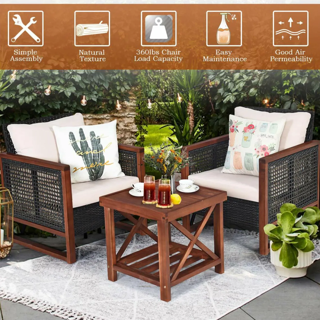 3 Pieces Patio Wicker Furniture Set, Rattan Outdoor Sofa Set