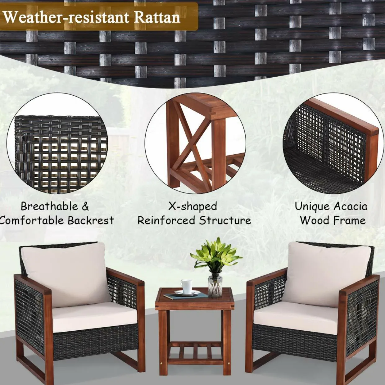 3 Pieces Patio Wicker Furniture Set, Rattan Outdoor Sofa Set