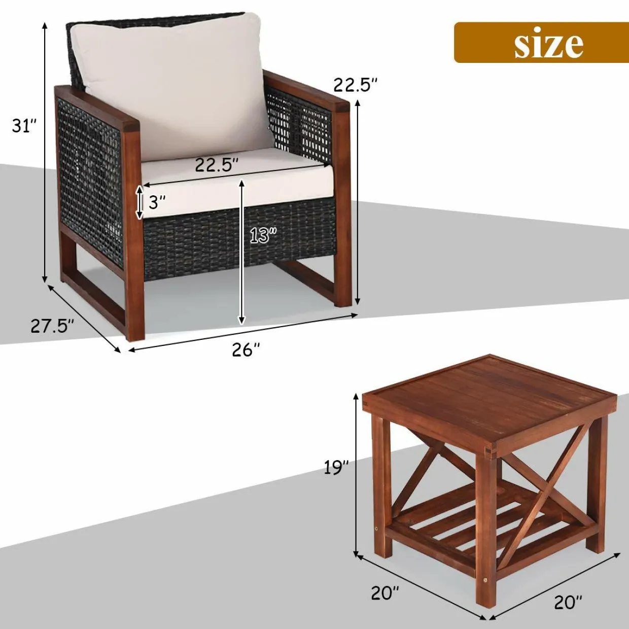 3 Pieces Patio Wicker Furniture Set, Rattan Outdoor Sofa Set