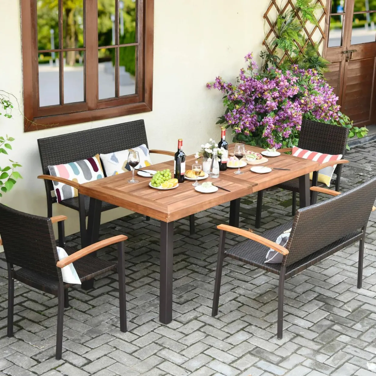 5 Pieces Wicker Patio Dining Set, Patiojoy Outdoor Rattan Backyard Porch Garden Dining Set