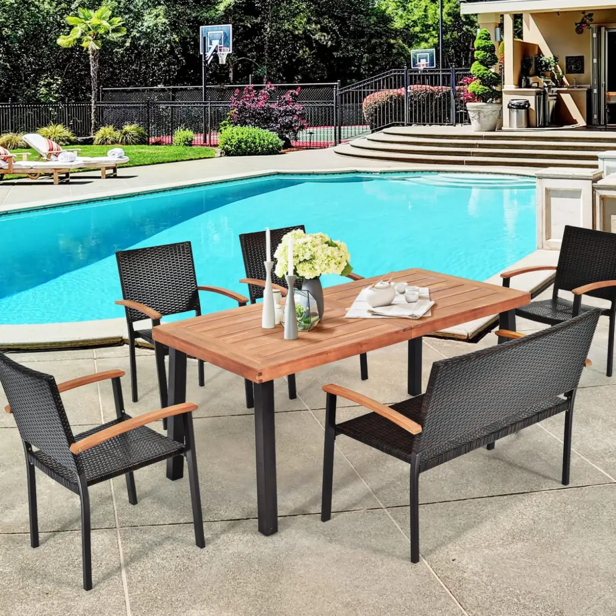 6 Pieces Wicker Patio Dining Set, Patiojoy Outdoor Dining Furniture