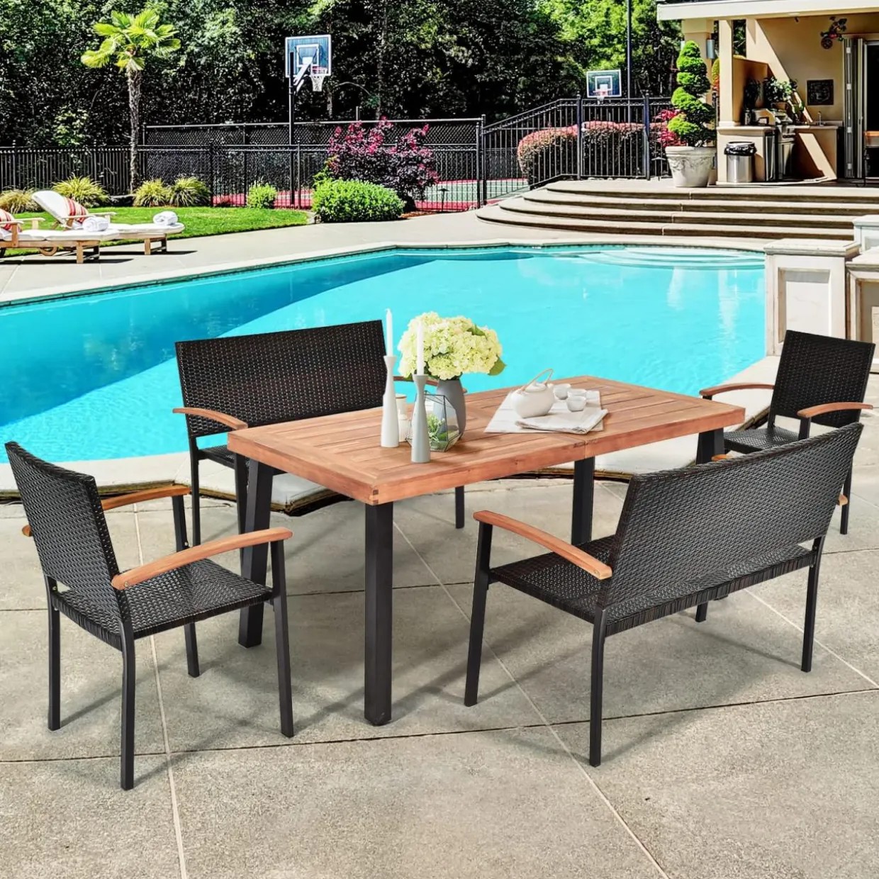 5 Pieces Wicker Patio Dining Set, Patiojoy Outdoor Rattan Backyard Porch Garden Dining Set