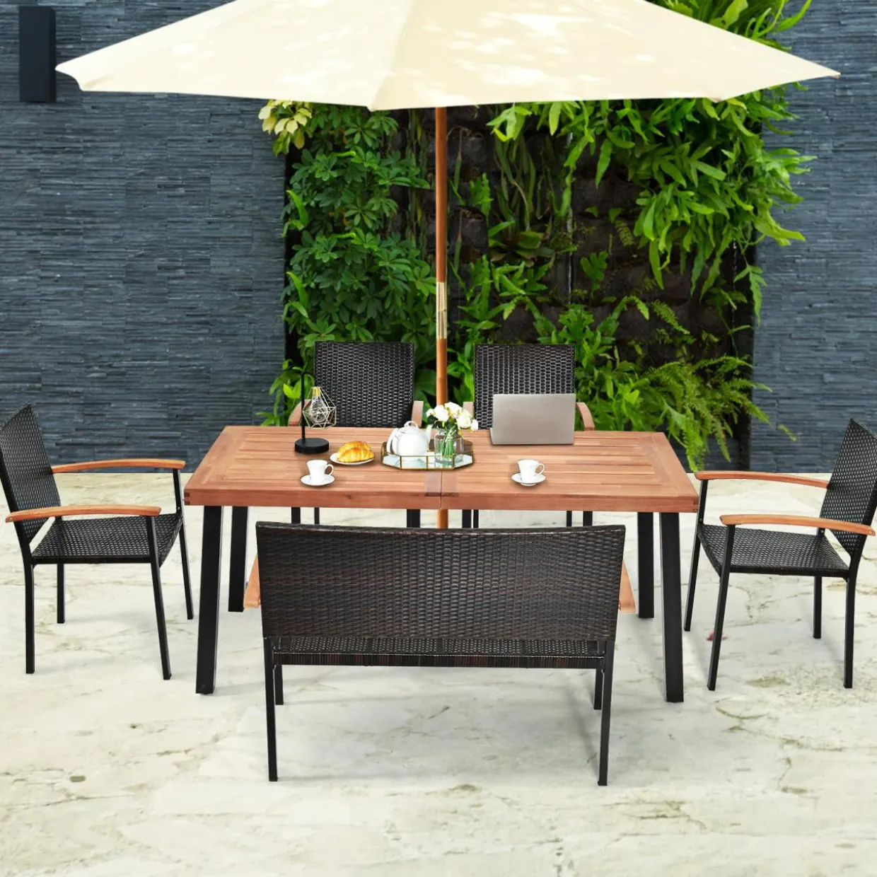6 Pieces Wicker Patio Dining Set, Patiojoy Outdoor Dining Furniture