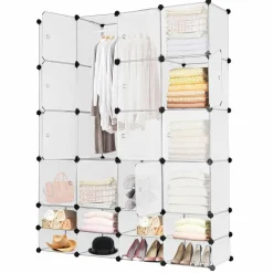 Portable Clothes Closet Wardrobe Bedroom Armoire DIY Storage Organizer Closet with Doors, 16 Cubes and 8 Shoe Racks