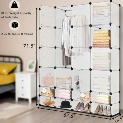 Portable Clothes Closet Wardrobe Bedroom Armoire DIY Storage Organizer Closet with Doors, 16 Cubes and 8 Shoe Racks