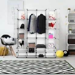 Portable Clothes Closet Wardrobe Bedroom Armoire DIY Storage Organizer Closet with Doors, 16 Cubes and 8 Shoe Racks