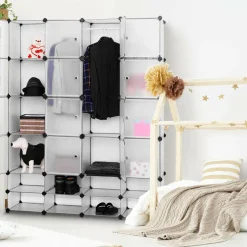 Portable Clothes Closet Wardrobe Bedroom Armoire DIY Storage Organizer Closet with Doors, 16 Cubes and 8 Shoe Racks