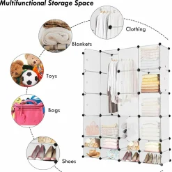 Portable Clothes Closet Wardrobe Bedroom Armoire DIY Storage Organizer Closet with Doors, 16 Cubes and 8 Shoe Racks