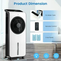 Portable Evaporative Air Cooler, 3-in-1 Swamp Cooler w/ Remote Control