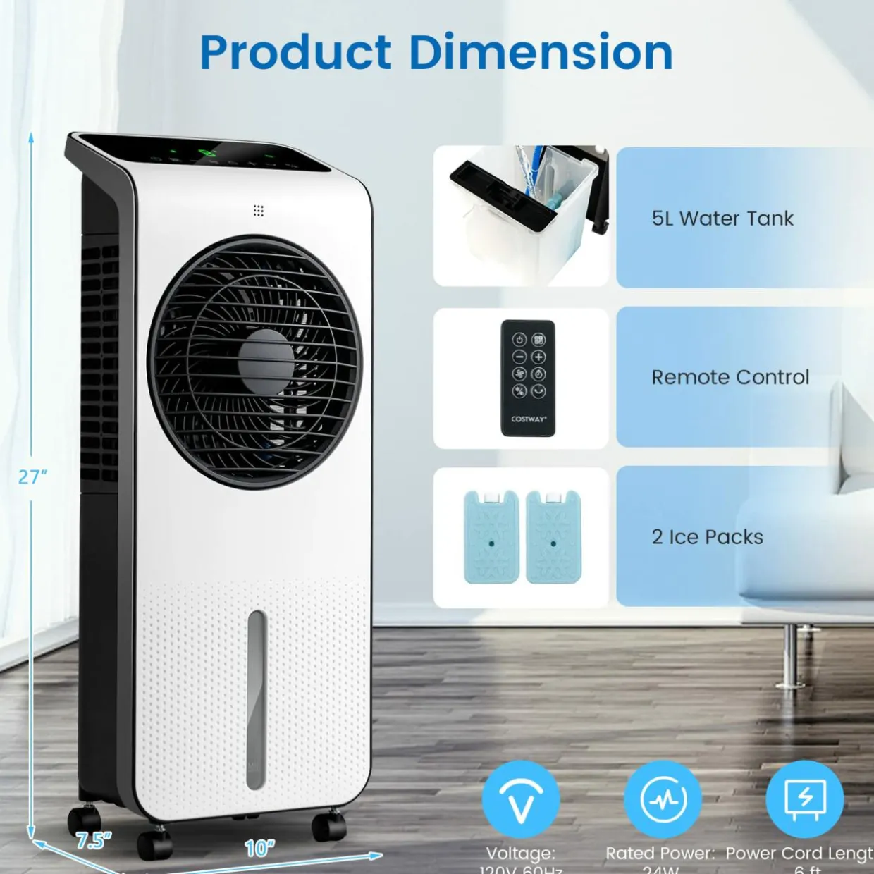 Portable Evaporative Air Cooler, 3-in-1 Swamp Cooler w/ Remote Control