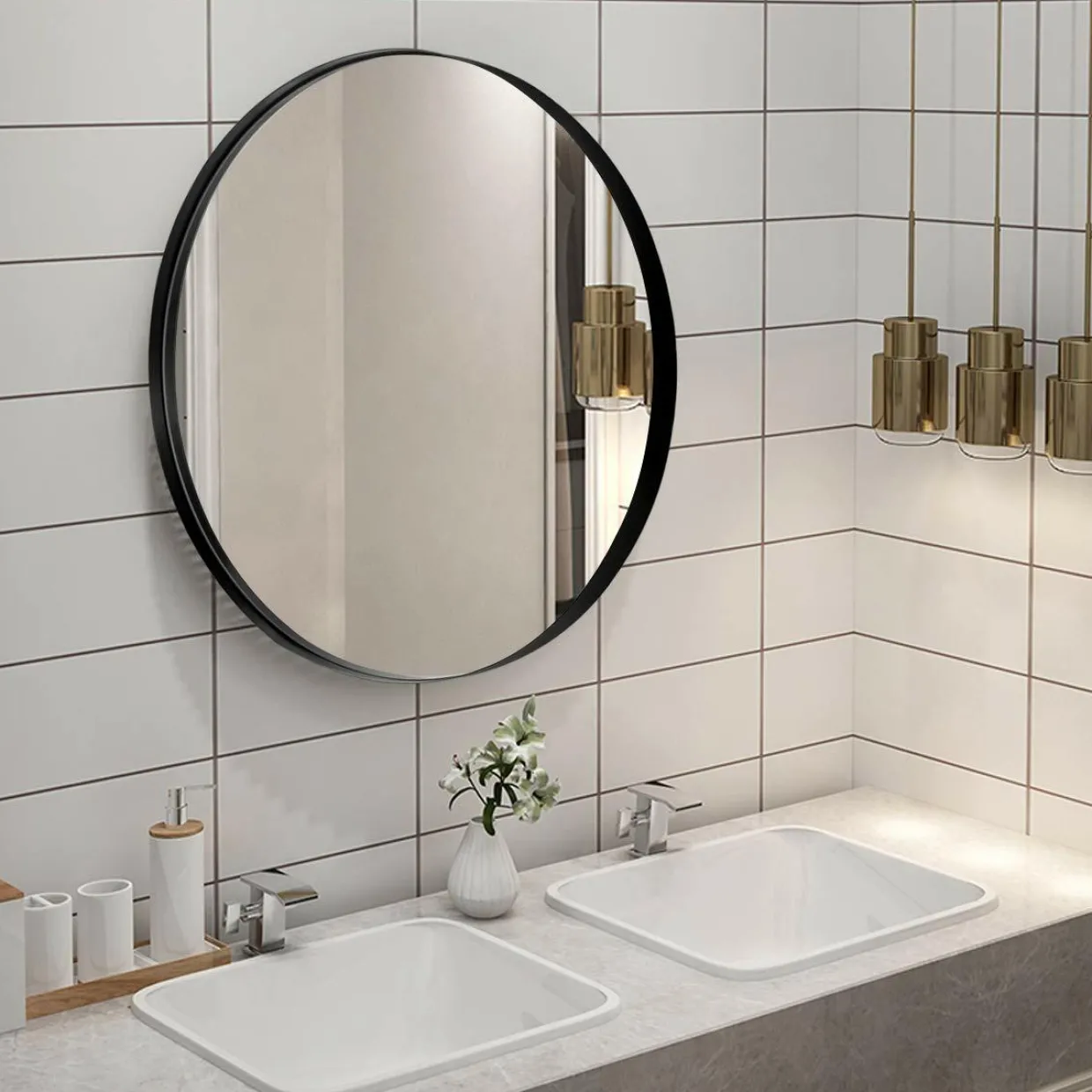 Round Wall Hanging Mirror, 27.5 Inch Bathroom Round Mirror