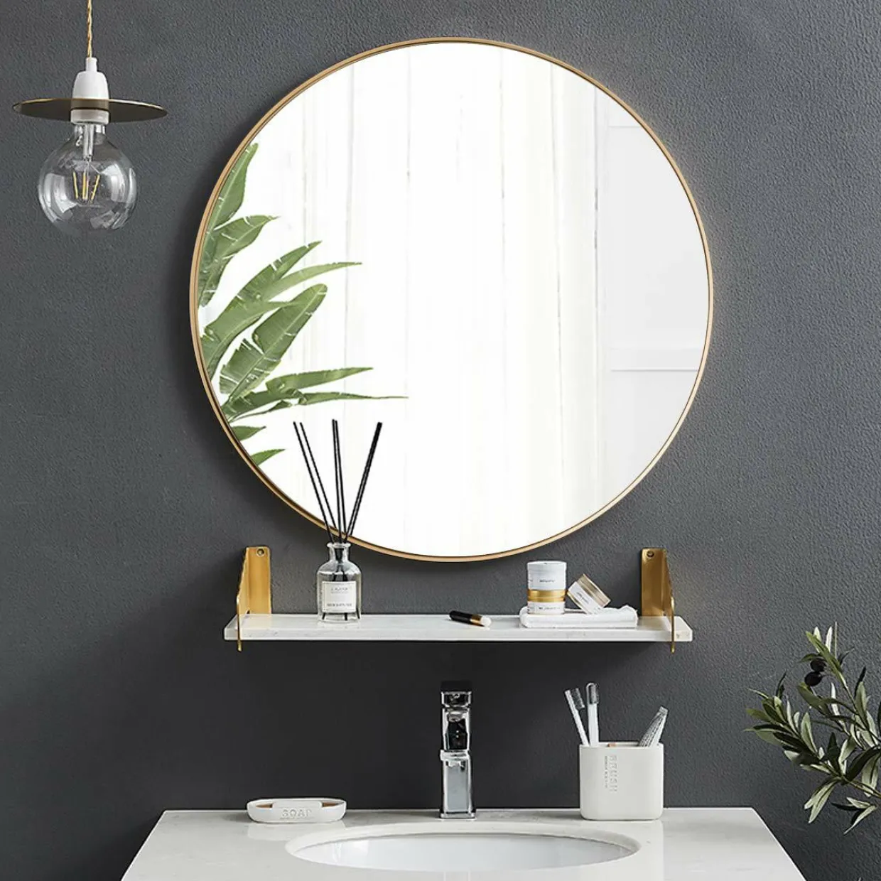Round Wall Hanging Mirror, 27.5 Inch Bathroom Round Mirror