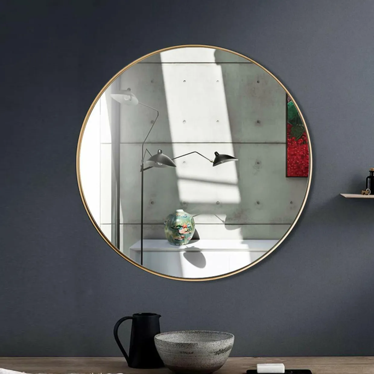 Round Wall Hanging Mirror, 27.5 Inch Bathroom Round Mirror