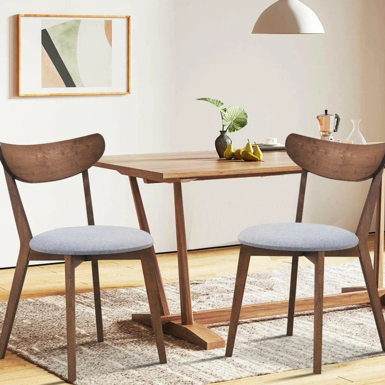 Set of 2 Dining Chairs, Mid-Century Dining Side Chairs with Curved Back and Cushioned Seat