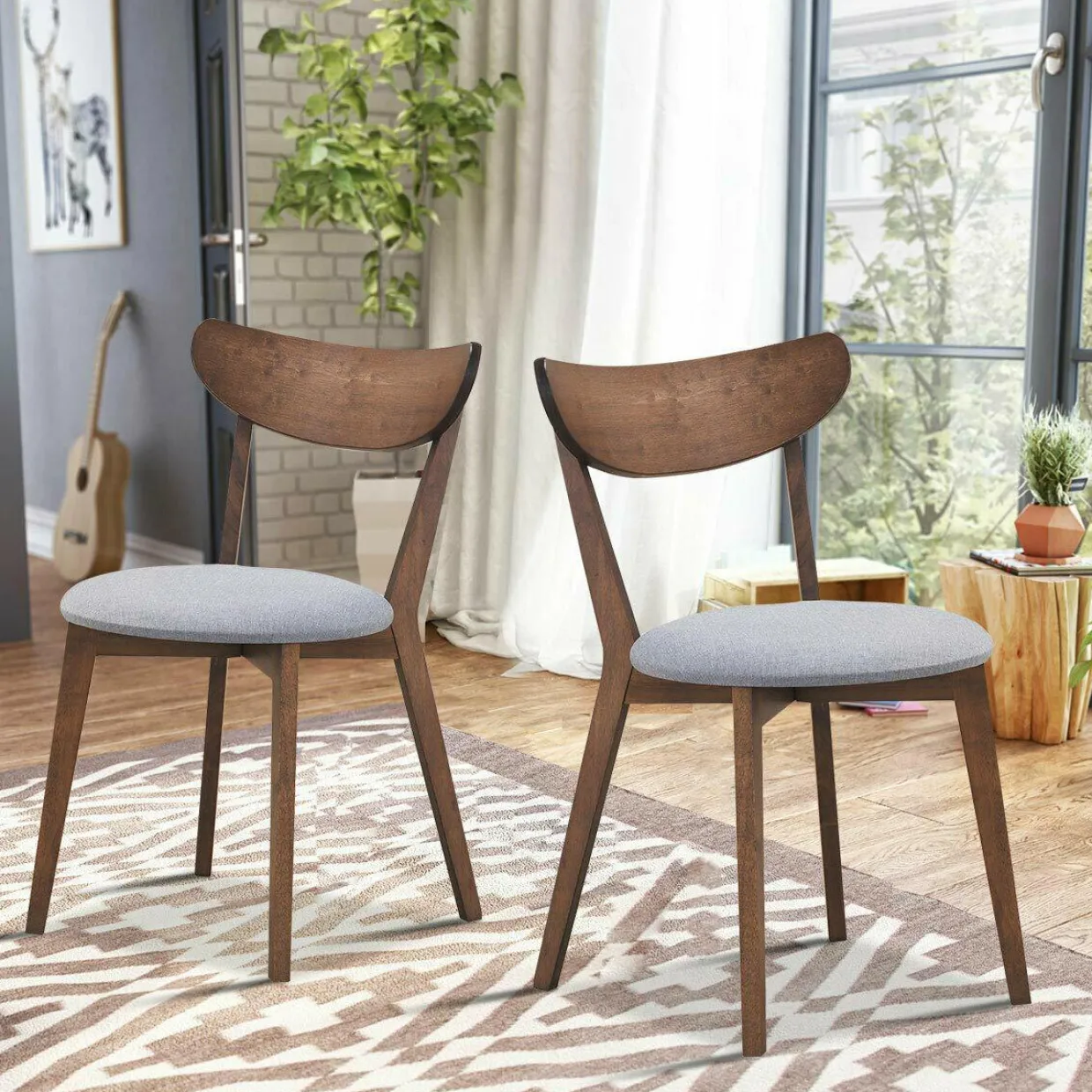 Set of 2 Dining Chairs, Mid-Century Dining Side Chairs with Curved Back and Cushioned Seat