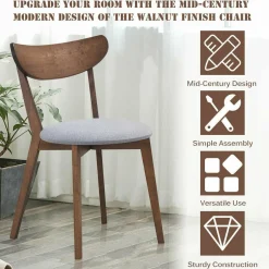 Set of 2 Dining Chairs, Mid-Century Dining Side Chairs with Curved Back and Cushioned Seat