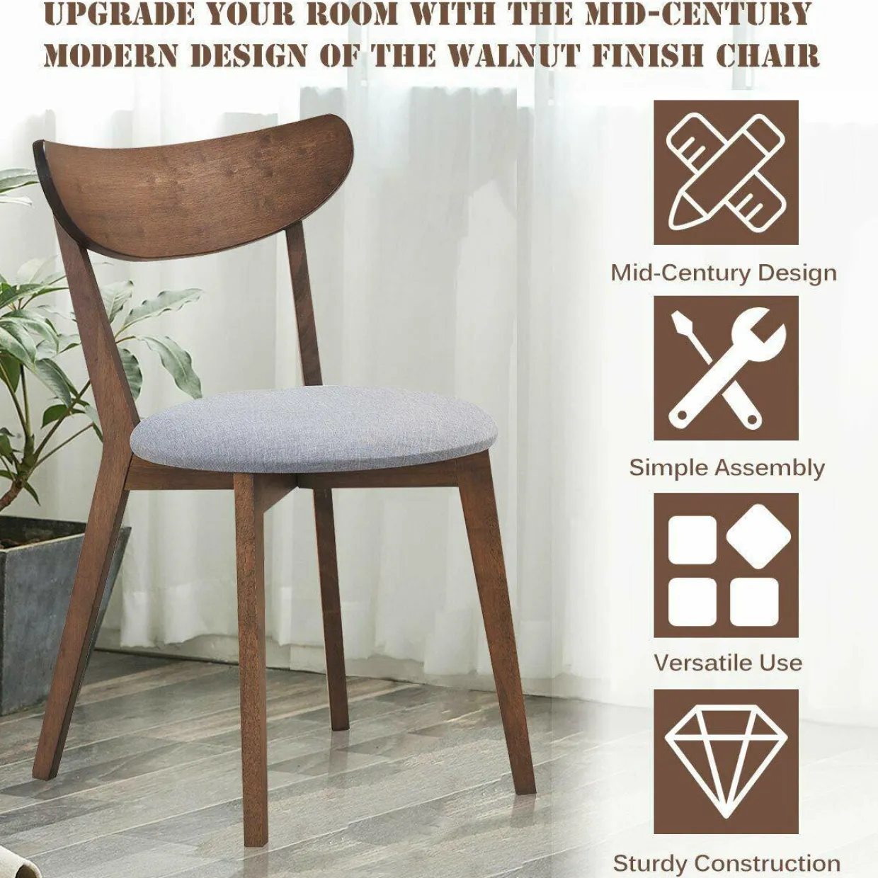 Set of 2 Dining Chairs, Mid-Century Dining Side Chairs with Curved Back and Cushioned Seat