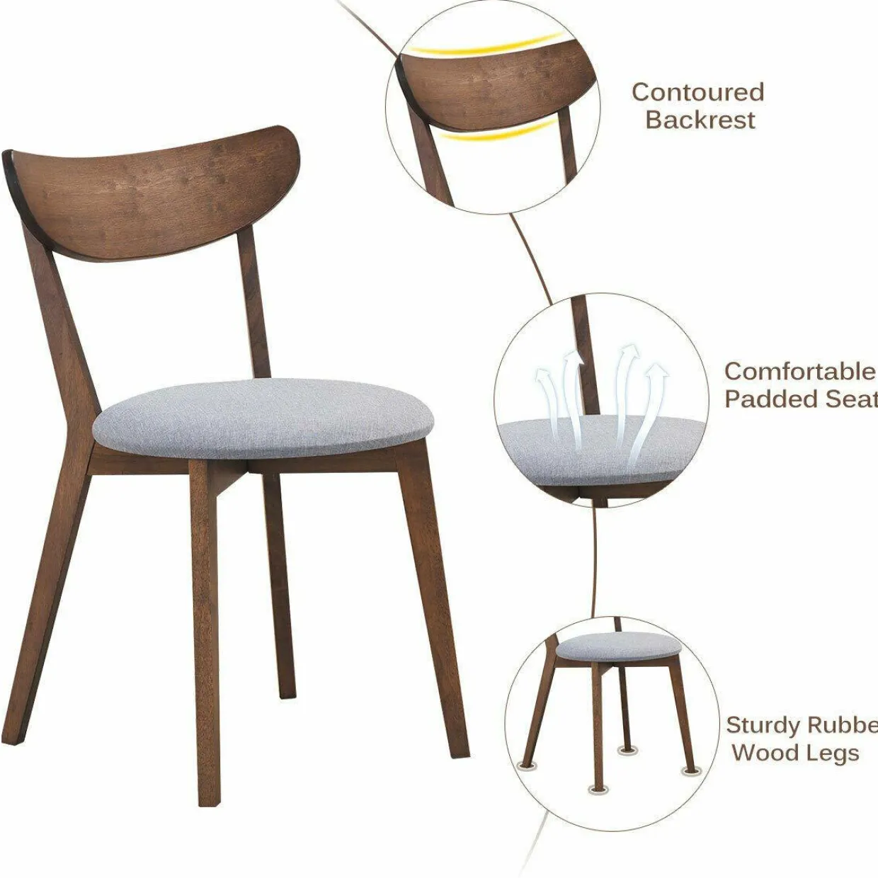 Set of 2 Dining Chairs, Mid-Century Dining Side Chairs with Curved Back and Cushioned Seat