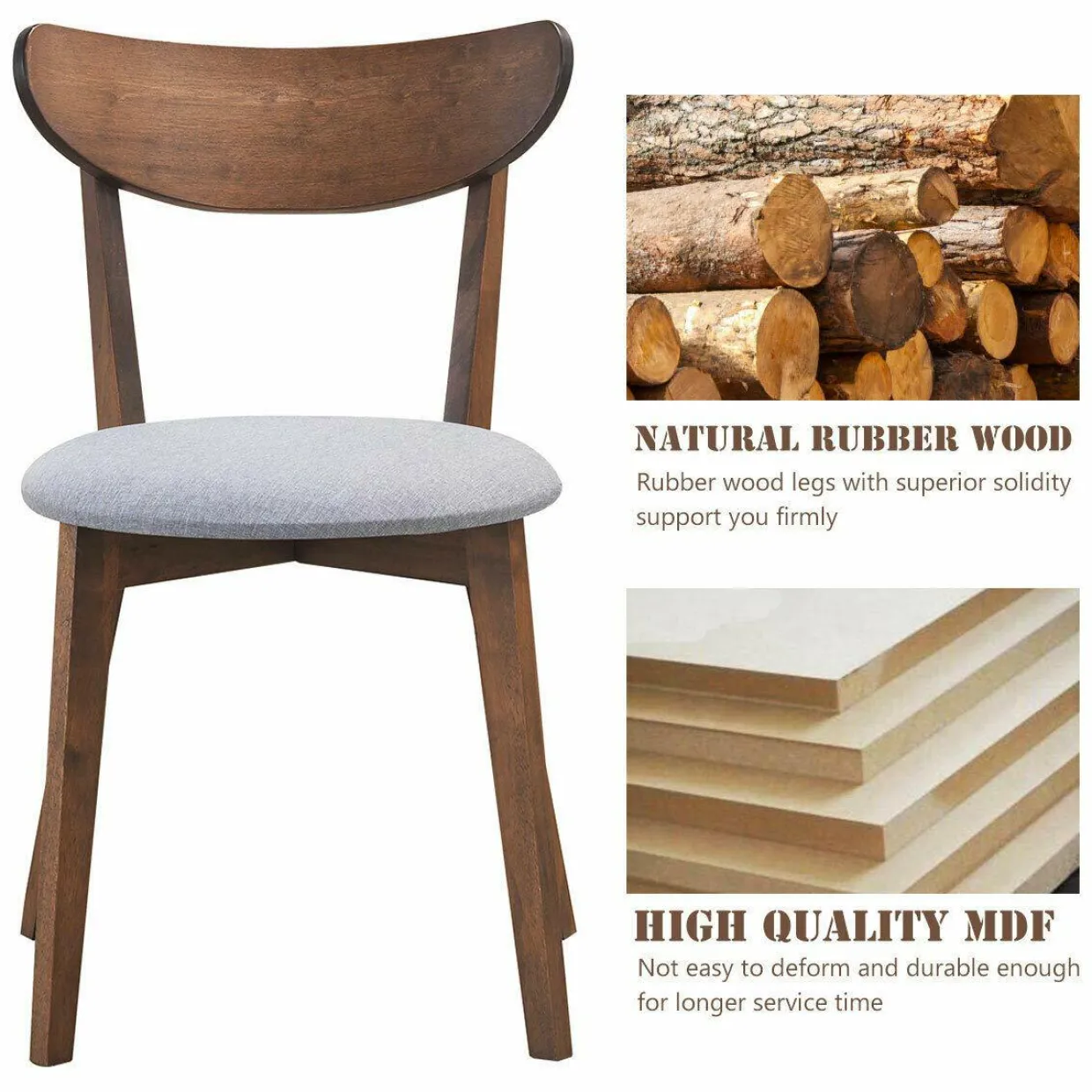 Set of 2 Dining Chairs, Mid-Century Dining Side Chairs with Curved Back and Cushioned Seat