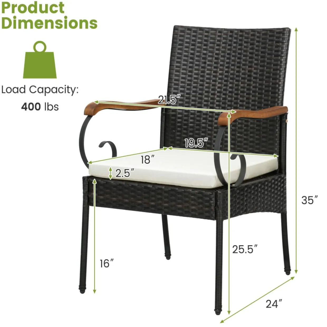 Set of 2, Outdoor PE Rattan Chairs with Soft Zippered Cushion, Heavy-Duty Metal Frame & All-Weather Wicker