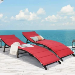 Set of 2 Patio Chaise, Foldable Outdoor Patio Wicker Lounger Chair