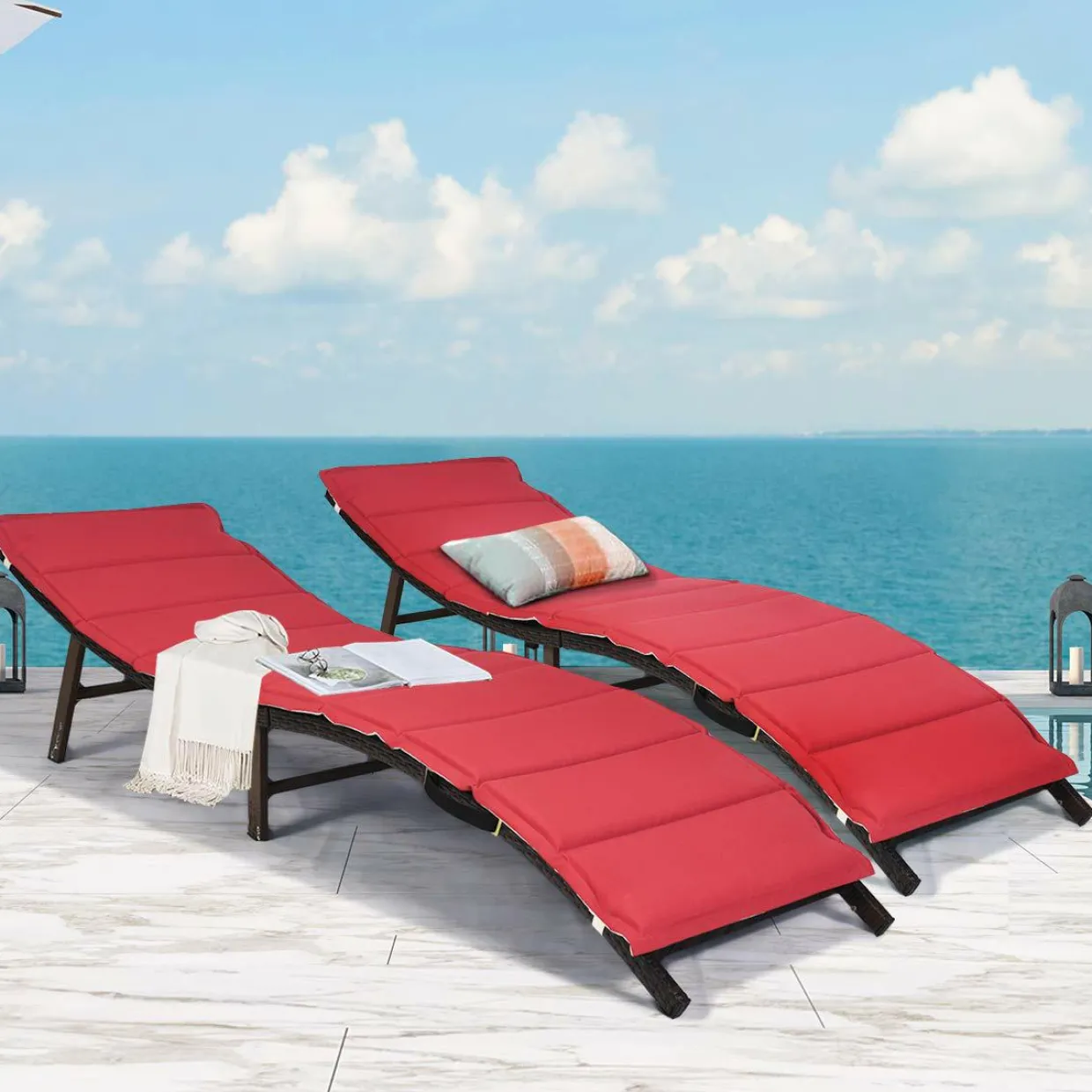 Set of 2 Patio Chaise, Foldable Outdoor Patio Wicker Lounger Chair
