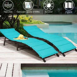 Set of 2 Patio Chaise, Foldable Outdoor Patio Wicker Lounger Chair