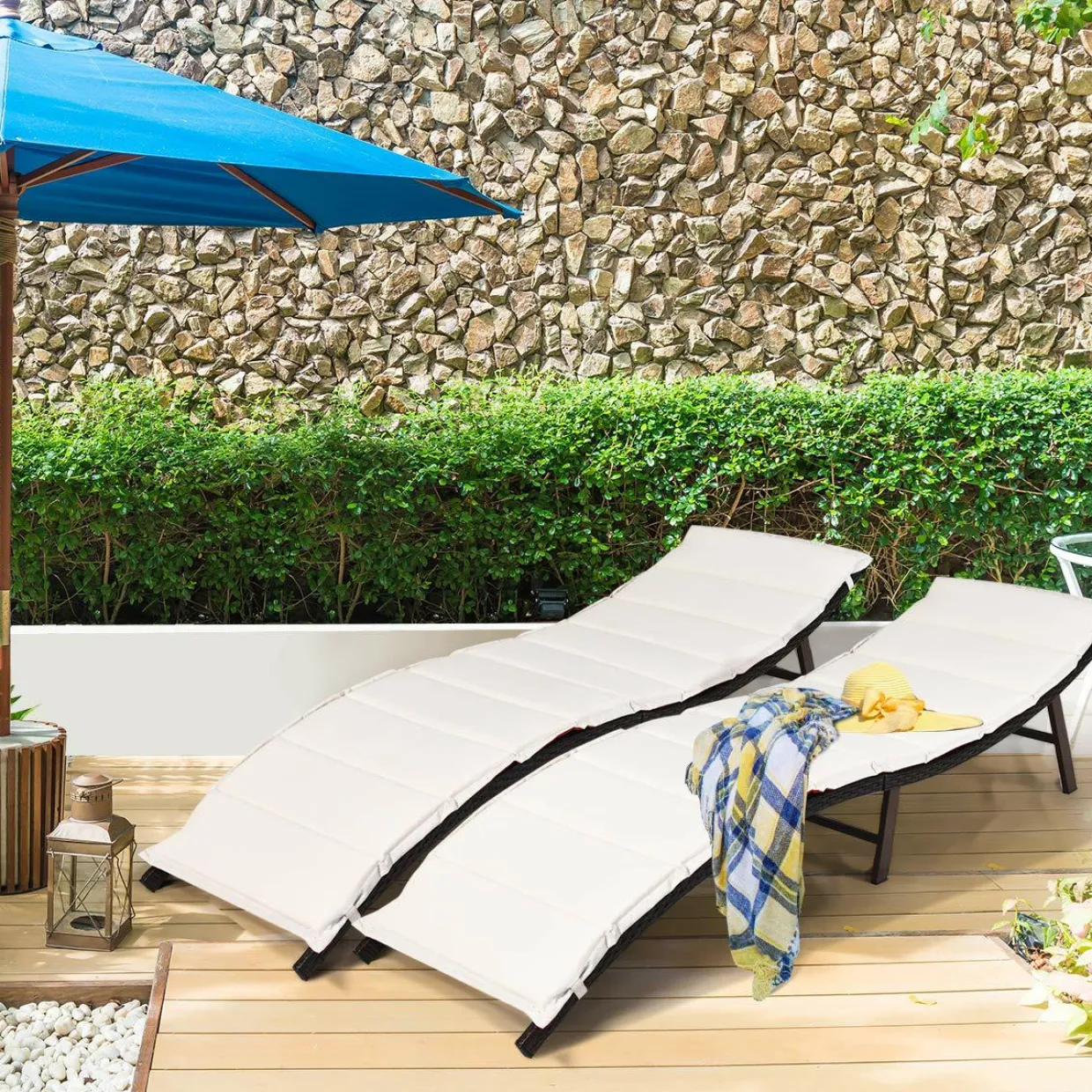 Set of 2 Patio Chaise, Foldable Outdoor Patio Wicker Lounger Chair