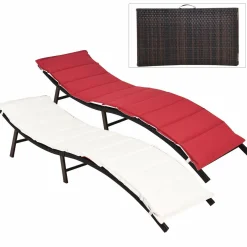 Set of 2 Patio Chaise, Foldable Outdoor Patio Wicker Lounger Chair