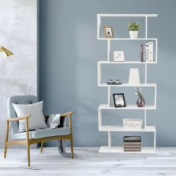 6 Shelf Bookcase, Modern S-Shaped Z-Shelf Style Bookshelf