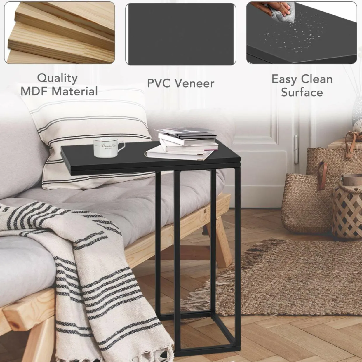 Sofa Side Table, C Shaped End Table for Sofa Couch and Bed