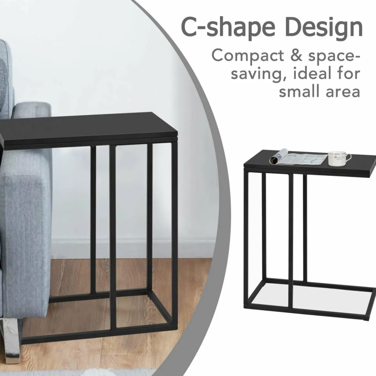 Sofa Side Table, C Shaped End Table for Sofa Couch and Bed