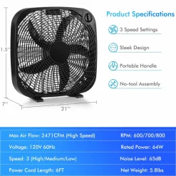 3-Speed Box Fan, 20 inch Floor Fan for Full-Force Circulation with Air Conditioner