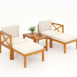 Tangakula 5 Pieces Patio Lounge Chair Set w/Ottomans, Modular Outdoor Lounge Sofa Set for Lawn, Backyard, Poolside (Off White)